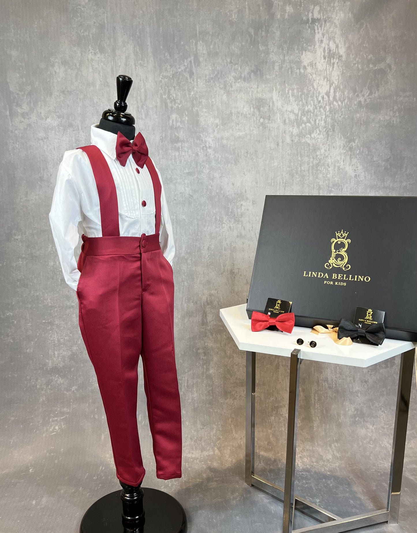 LB Creased Suspender Dress Pants With Matching Bow Tie - Red